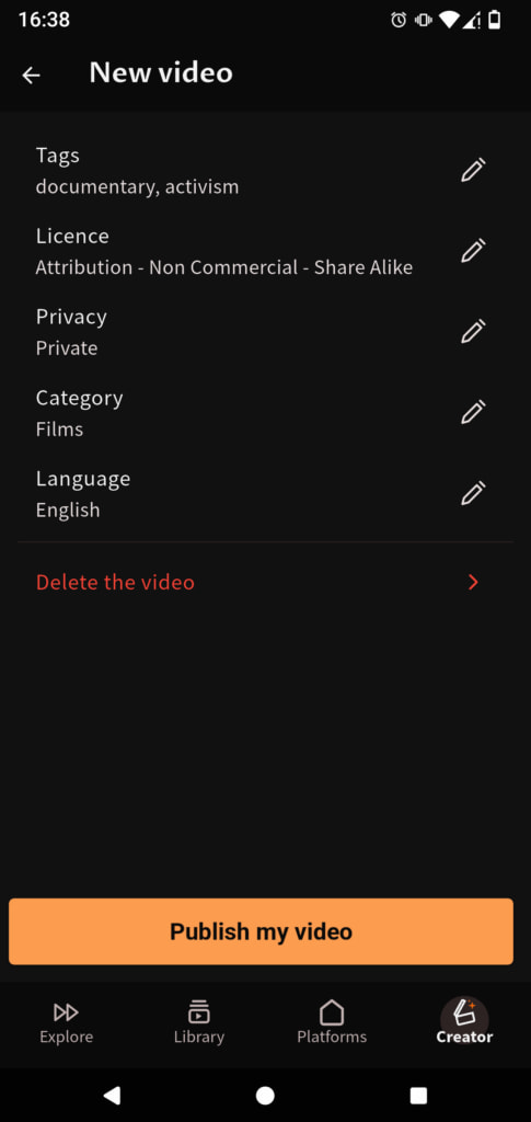 The second screen for adding a new video